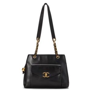 SOLD CHANEL Lambskin Black Leather 24K Gold Front Pocket Flap Shoulder Bag